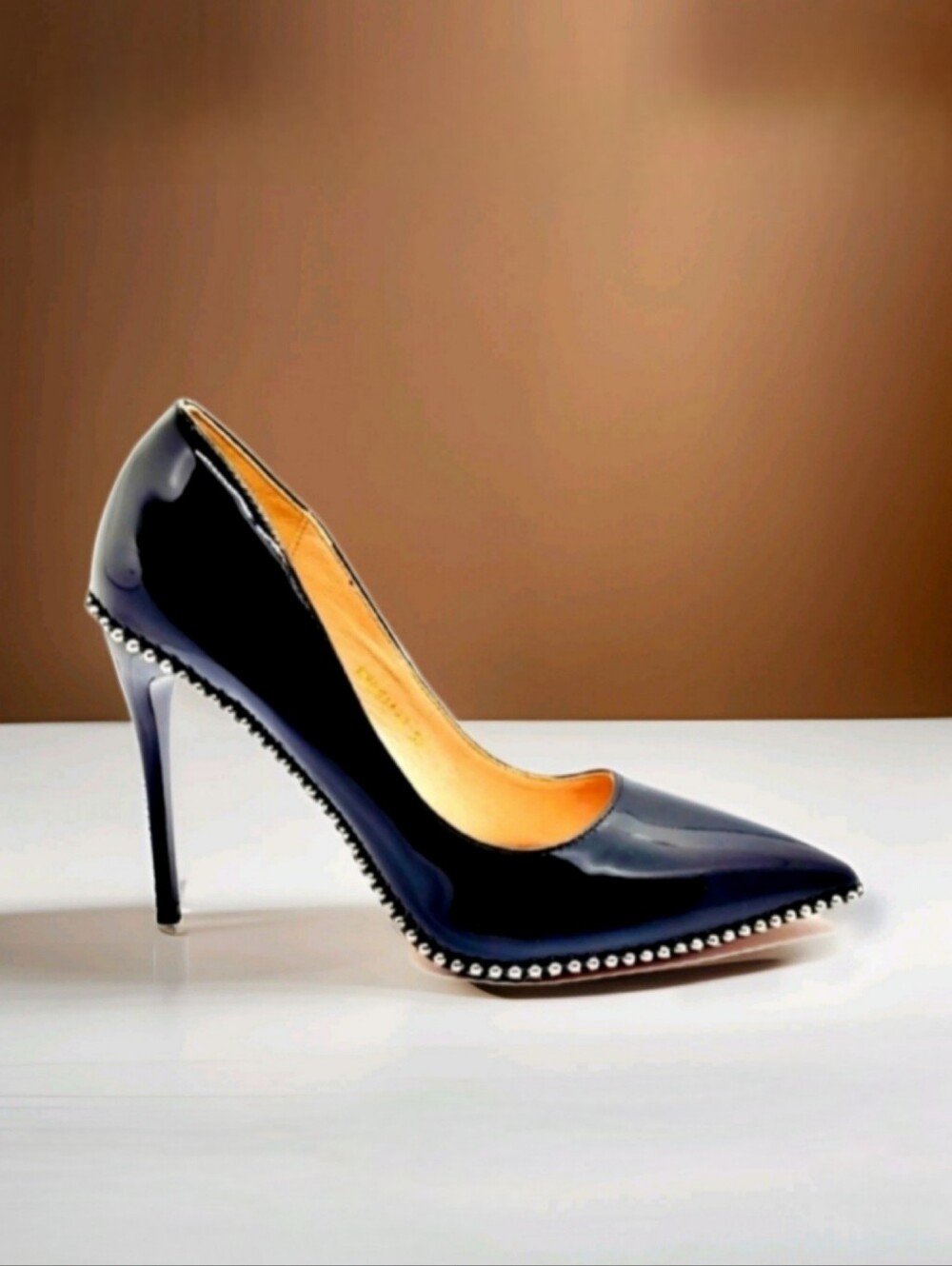 NWT Black Patent Leather Rivet Embellished Stiletto Heels Size 38/7
